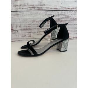 Stuart Weitzman Simplemid black suede silver glitter block heel size 9